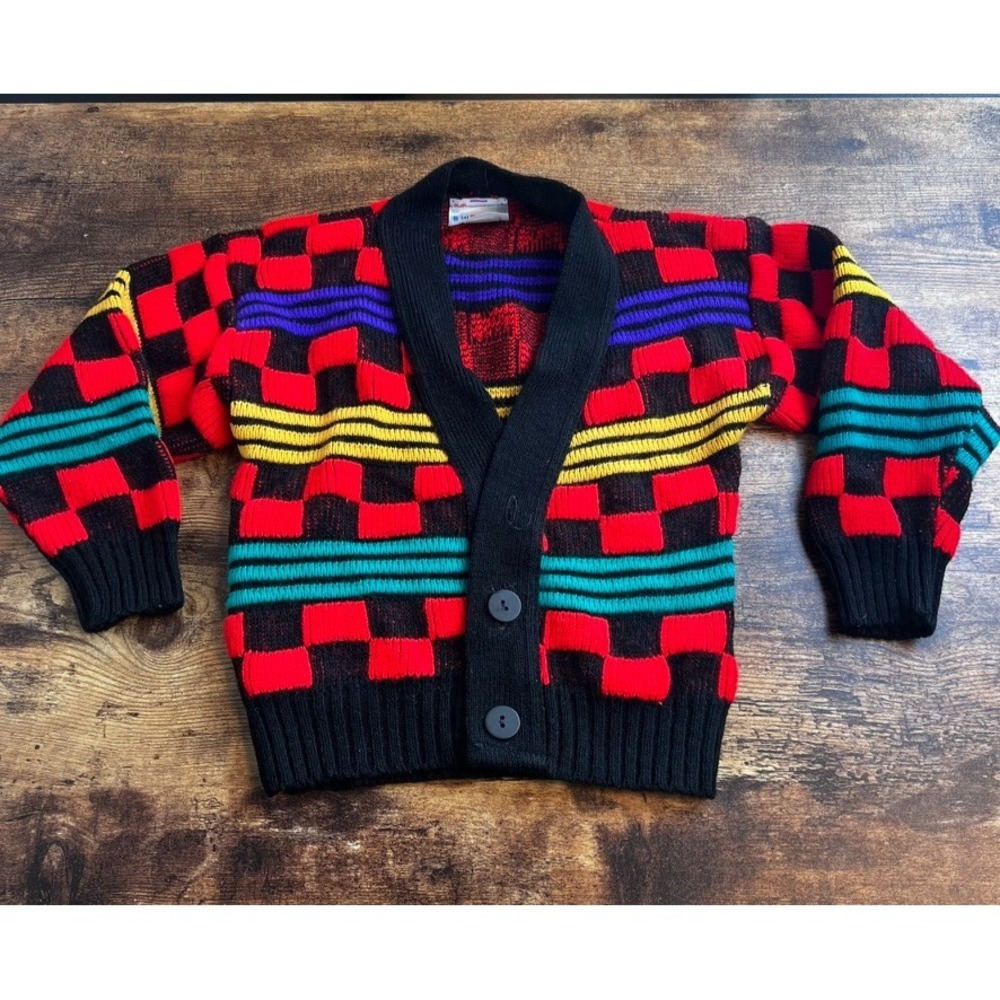 VTG 90s Kids Colorblock Cardigan Sweater Granny Core Retro SMALL Size 4 READ
